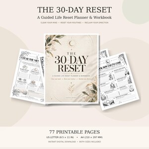 May include: The 30-Day Reset guided life planner and workbook features a beige cover with botanical illustrations, moon phases, and the text: The 30-Day Reset, A Guided Life Reset Planner & Workbook, Clear your mind, Reset your routines, Reclaim your direction.