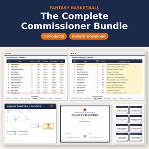 Puede incluir: Un paquete digital de comisionado de baloncesto de fantasía que incluye una tabla de posiciones, clasificaciones de poder, un cuadro de playoffs, un certificado de campeón y ocho tarjetas. El texto incluye "Fantasy Basketball The Complete Commissioner Bundle".