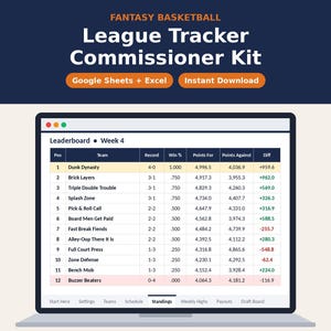 May include: A digital fantasy basketball league tracker commissioner kit displayed on a laptop screen. The interface shows a leaderboard for Week 4 with team names, records, win percentages, and point differentials in a table format with tabs.