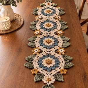 Haakpatroon voor een tafelloper met zonnebloemen (PDF), herfstdecoratie met bloemen in landelijke stijl, zelfgemaakte eettafel voor de herfst