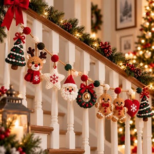 May include: A festive crochet garland featuring various Christmas-themed ornaments including a green tree, a reindeer, a white star, a Santa Claus face, a wreath with a bell, two gingerbread figures, a red heart, and a second tree.