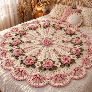 May include: A round, cream-colored crocheted blanket featuring a central pink rose, surrounded by radiating textured patterns, and an outer border decorated with three-dimensional pink roses, small white flowers, green leaves, and white pearl accents.