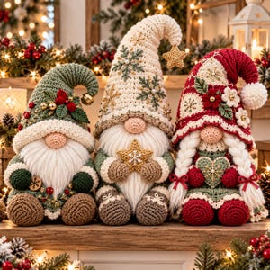 May include: Three crocheted gnome figurines with festive holiday details. The left gnome is green with red berries, the center gnome is cream with gold snowflakes and a star, and the right gnome features a red hat, white braids, and a heart.
