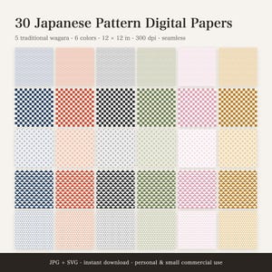 Japanese Pattern Digital Paper, 30 Seamless Wagara Papers, Seigaiha Ichimatsu Shippo Kikko Uroko, 12x12 300 dpi JPG + SVG, Asian Scrapbook
