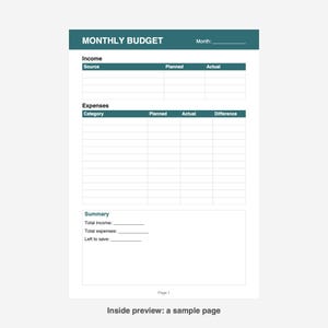 May include: A monthly budget planner page with a dark teal header. It features sections for Income with columns for Source, Planned, and Actual, and Expenses with Category, Planned, Actual, and Difference. A Summary section includes lines for Total income, Total expenses, and Left to save.