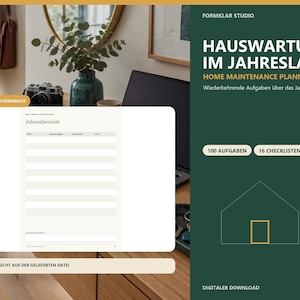 Könnte beinhalten: Ein digitaler Hauswartungsplaner von Formklar Studio mit dem Titel Hauswartung im Jahreslauf. Die Planerseite enthält eine Jahresübersicht-Tabelle mit Spalten für Monat, Aufgaben, Priorität und Status sowie einen Bereich für Notizen in einem klaren Layout.