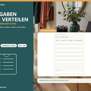 Op de afbeelding: Een digitaal takenoverzicht-sjabloon getiteld Unser Aufgabenpool met kolommen voor taken, verantwoordelijken en status. Het document heeft een overzichtelijke indeling met horizontale rijen op een donkergroenblauwe achtergrond.