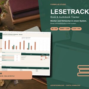 May include: A digital book and audiobook tracker spreadsheet titled LESETRACKER, featuring bar charts, reading statistics, and lists for tracking annual progress. The interface includes text in German and English, with a dark green and peach color scheme.