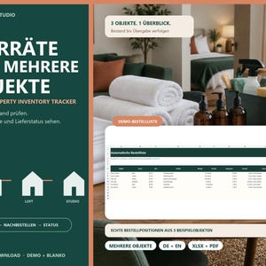 Op de afbeelding: Een digitaal spreadsheet-sjabloon voor voorraadbeheer van meerdere objecten door Formklar Studio. De afbeelding bevat Duitse tekst, huisiconen en een demo-bestellijst met kolommen voor items, aantallen en status. Inclusief XLSX- en PDF-bestanden.