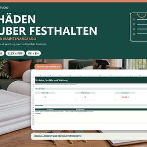 May include: A digital damage and maintenance log template by Formklar Studio, featuring a dark green header with white text reading SCHÄDEN SAUBER FESTHALTEN, DAMAGE & MAINTENANCE LOG, and a spreadsheet interface showing columns for incidents and costs.