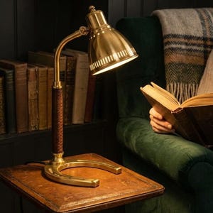 Vintage Solid Brass Desk Lamp with Leather Wrapped Stem Industrial Banker Table Light | Retro Office Study Decor Mid-Century Modern Lighting