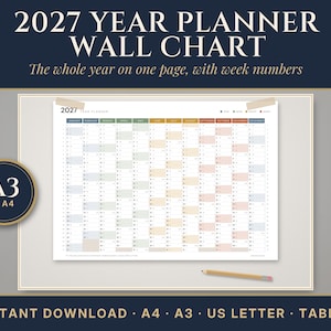2027 Year at a Glance Calendar Printable, Yearly Wall Planner 2027 with Week Numbers, A4, A3, US Letter, Tabloid