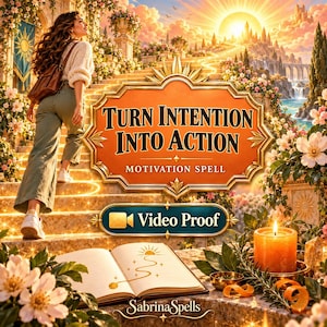 Op de afbeelding: Een digitale afbeelding met de tekst Turn Intention Into Action Motivation Spell en Video Proof. Een open boek met een zonnetekening ligt bij een brandende oranje kaars en bloemen. Een persoon loopt een stenen trap op naar een kasteel.