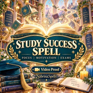 May include: A digital graphic featuring an open book with glowing light, text reading STUDY SUCCESS SPELL FOCUS MOTIVATION EXAMS, a graduation cap on stacked books labeled DISCIPLINE PROGRESS POSSIBILITIES, and a quill pen with candles.