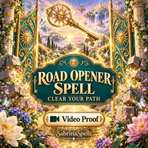 May include: A digital graphic featuring a golden sun-shaped key floating above a teal sign with the text ROAD OPENER SPELL CLEAR YOUR PATH. Below is a button labelled VIDEO PROOF and the text SabrinaSpells, framed by ornate gates and flowers.