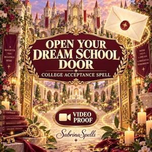 May include: A digital graphic featuring a castle gate with text reading OPEN YOUR DREAM SCHOOL DOOR COLLEGE ACCEPTANCE SPELL. Includes a wax-sealed envelope, stacked books labeled COURAGE, OPPORTUNITY, BRIGHTER DAYS, HIGHER THINGS, and a gold key.