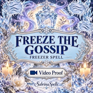 Op de afbeelding: Een decoratieve afbeelding met de tekst FREEZE THE GOSSIP FREEZER SPELL en Video Proof. Het ontwerp bevat een centrale kristallen pot, ijsblauwe sneeuwvlokmotieven, witte bloemen, parels en twee brandende kaarsen op een ijzige achtergrond.