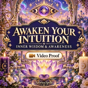 May include: A dark blue sign with gold text reading AWAKEN YOUR INTUITION INNER WISDOM & AWARENESS, featuring a video proof button, a glowing purple lotus flower, two candles with moon symbols, and an eye icon in a garden setting.