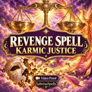 May include: A digital graphic featuring a golden scale of justice above a purple plaque with the text REVENGE SPELL KARMIC JUSTICE. Below, a cracked white mask sits amidst golden shards, a phoenix, and the text Video Proof and SabrinaSpells.