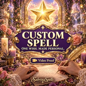 Könnte beinhalten: Eine digitale Grafik mit einer violetten, verzierten Plakette mit dem Text CUSTOM SPELL ONE WISH. MADE PERSONAL. und einem Video Proof-Button. Eine goldene Feder schreibt auf Pergament, umgeben von Kerzen, Blumen, Kristallen und einem Stern.