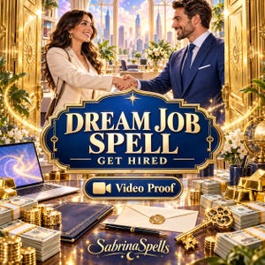 Puede incluir: Un gráfico digital con el texto DREAM JOB SPELL GET HIRED y Video Proof. La imagen muestra pilas de billetes, lingotes de oro, un ordenador portátil, un cuaderno de cuero azul, una pluma estilográfica, un sobre sellado y una llave dorada.