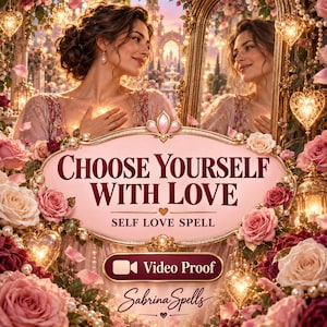 May include: A decorative sign featuring the text CHOOSE YOURSELF WITH LOVE SELF LOVE SPELL and Sabrina Spells. The design includes a video proof icon, surrounded by pink and white roses, glowing heart-shaped lights, and pearls.