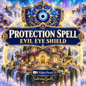 May include: A digital graphic featuring a blue and gold shield with a central evil eye symbol. The text reads PROTECTION SPELL EVIL EYE SHIELD. Below is a floating stone mansion with flowers, waterfalls, and a Video Proof button by SabrinaSpells.