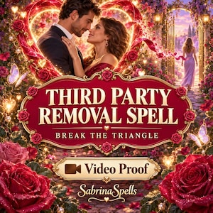 May include: A digital graphic featuring a couple in a romantic setting with red roses and butterflies. The text reads Third Party Removal Spell, Break The Triangle, Video Proof, and SabrinaSpells. The design includes a large red ornate frame.