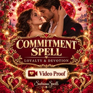 Pode incluir: Uma capa de livro digital intitulada Commitment Spell Loyalty & Devotion com um casal em um abraço cercado por rosas vermelhas e gemas em forma de coração. A imagem inclui um botão Video Proof e o texto SabrinaSpells em fonte cursiva.