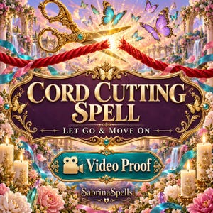 May include: A digital graphic featuring ornate gold scissors cutting a red cord, surrounded by butterflies and flowers. The text reads CORD CUTTING SPELL, LET GO & MOVE ON, VIDEO PROOF, and SabrinaSpells, set against a vibrant, ethereal landscape.
