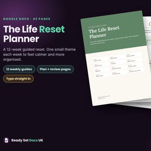 May include: A 43-page digital planner titled The Life Reset Planner for Google Docs. The cover features a green and cream color scheme with a 12-week guided reset schedule. The document includes weekly guides, plan and review pages, and text fields.