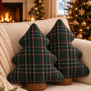 Christmas Tree Shaped Pillow, Green Red Plaid Holiday Cushion, Festive Sofa Decor