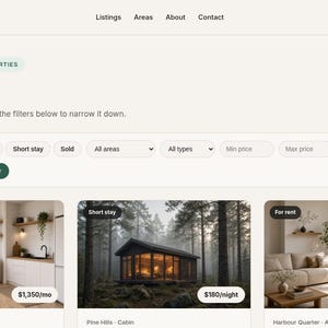 May include: A website interface for Keyhole Homes displaying a property directory with search filters for buying, renting, or short stays. The page features listings for a studio, a cabin, and an apartment with pricing and status labels.