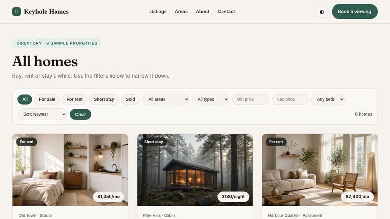 May include: A website interface for Keyhole Homes displaying a property directory with search filters for buying, renting, or short stays. The page features listings for a studio, a cabin, and an apartment with pricing and status labels.