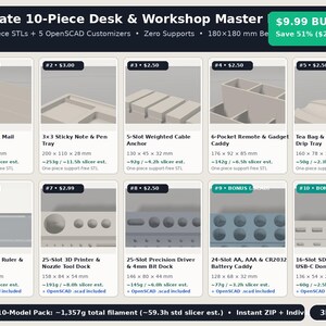 3D Print Desk Organizer & Electronics Workbench STL Bundle: 25 No-Support 3D Printer Files and 20 Parametric OpenSCAD Customizers image 2