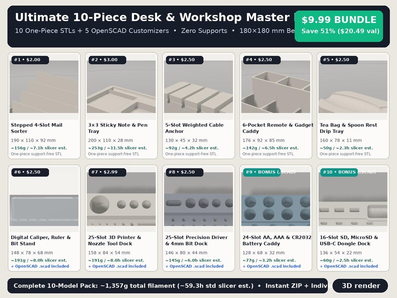 3D Print Desk Organizer & Electronics Workbench STL Bundle: 25 No-Support 3D Printer Files and 20 Parametric OpenSCAD Customizers image 2