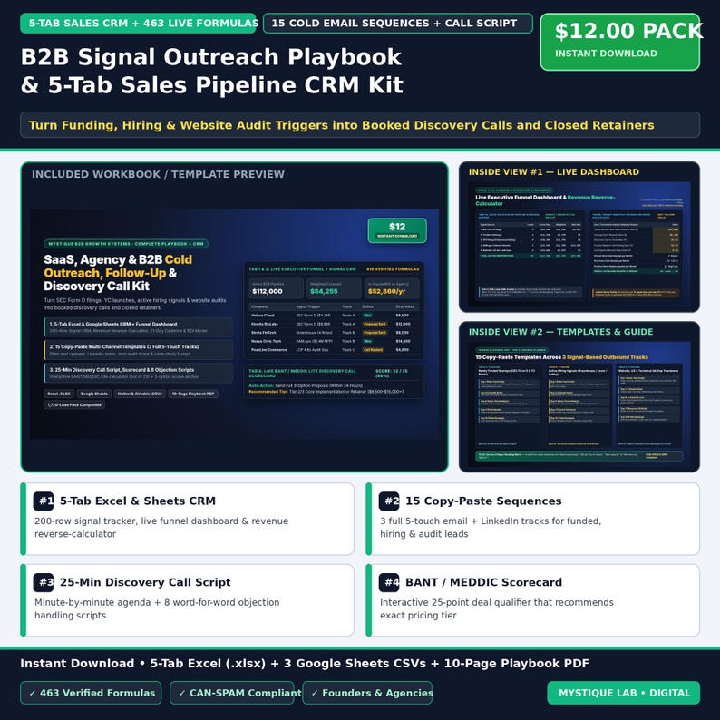 May include: A B2B Signal Outreach Playbook and 5-Tab Sales Pipeline CRM kit featuring a live dashboard, 15 cold email sequences, call scripts, and a BANT/MEDDIC scorecard. Includes 463 formulas, Excel and Google Sheets templates.