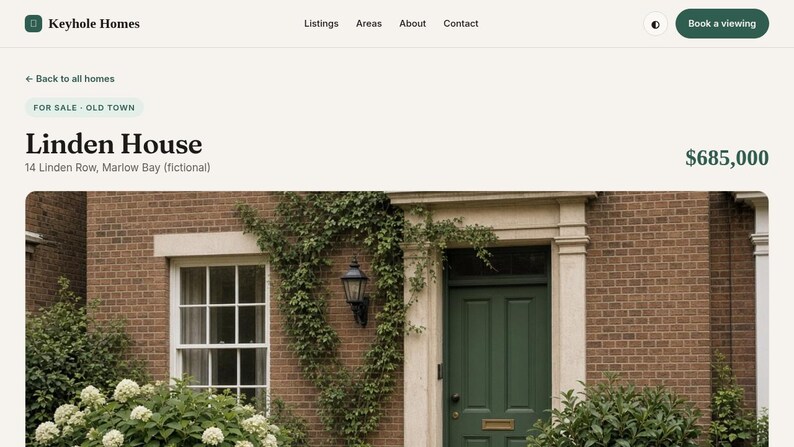 May include: A webpage for Linden House at 14 Linden Row, Marlow Bay, priced at $685,000. The image shows a brick house exterior with a dark green door, a white-framed window, a black wall lantern, and climbing ivy on the brick wall.