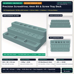 May include: A teal 3D-printed precision screwdriver, 4mm bit, and screw tray dock featuring 25 compartments, including 16 micro-bit sockets, 4 driver wells, 2 holsters, and 3 screw dishes. The unit measures 146 x 80 x 44 mm.