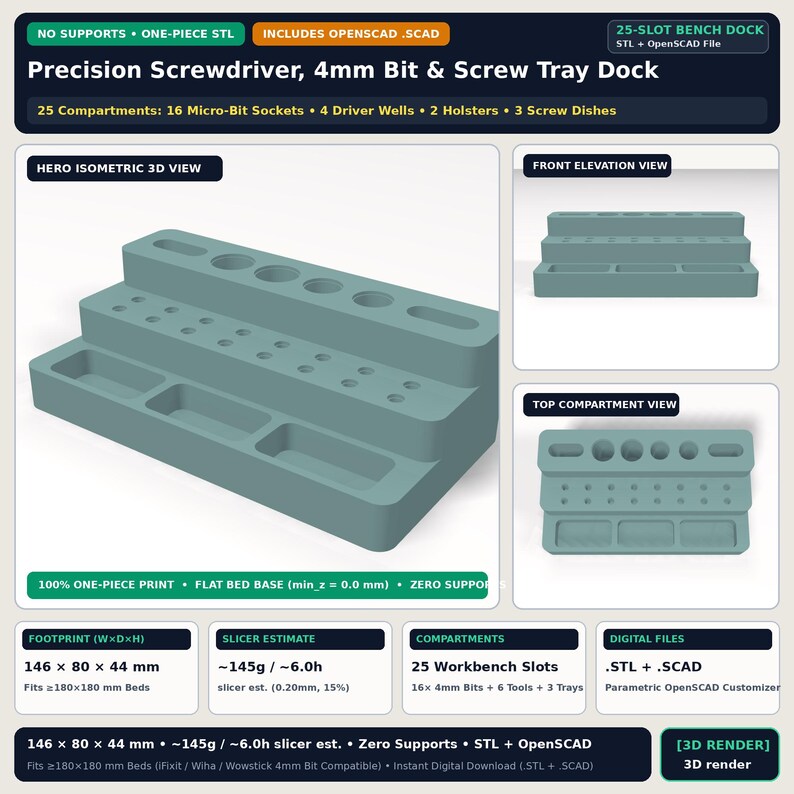 May include: A teal 3D-printed precision screwdriver, 4mm bit, and screw tray dock featuring 25 compartments, including 16 micro-bit sockets, 4 driver wells, 2 holsters, and 3 screw dishes. The unit measures 146 x 80 x 44 mm.