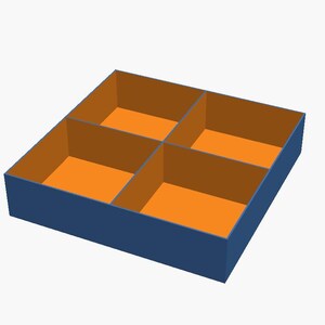 May include: A square storage box with a dark blue exterior and a bright orange interior. The box is divided into four equal compartments by two intersecting perpendicular partitions that create four distinct open sections.