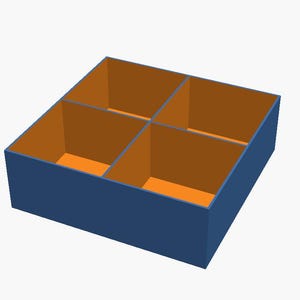 May include: A square storage box with four equal compartments. The exterior walls are a solid dark blue colour, while the interior base and walls of each of the four sections are a contrasting bright orange colour.