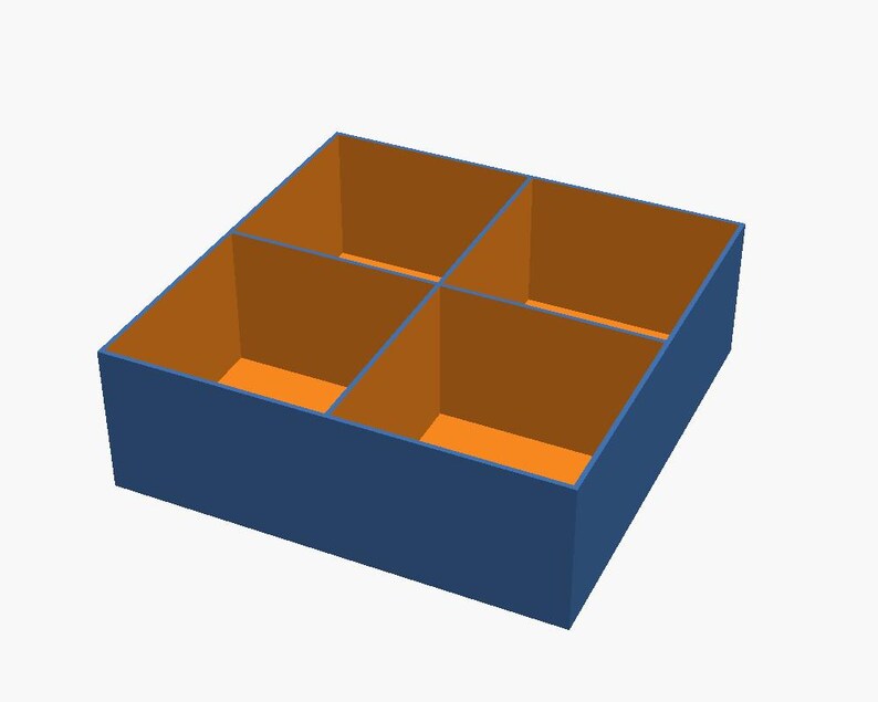 May include: A square storage box with four equal compartments. The exterior walls are a solid dark blue colour, while the interior base and walls of each of the four sections are a contrasting bright orange colour.