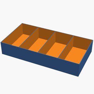 May include: A rectangular storage tray featuring a dark blue exterior and a bright orange interior. The tray is divided into four equal sections by three internal partitions, creating four distinct compartments for organised storage.