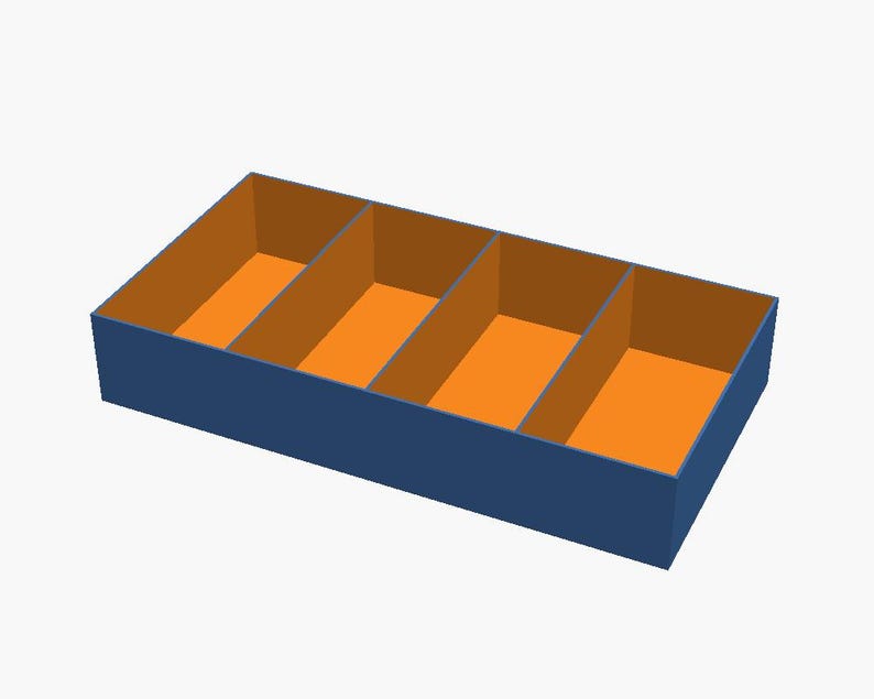 May include: A rectangular storage tray featuring a dark blue exterior and a bright orange interior. The tray is divided into four equal sections by three internal partitions, creating four distinct compartments for organised storage.