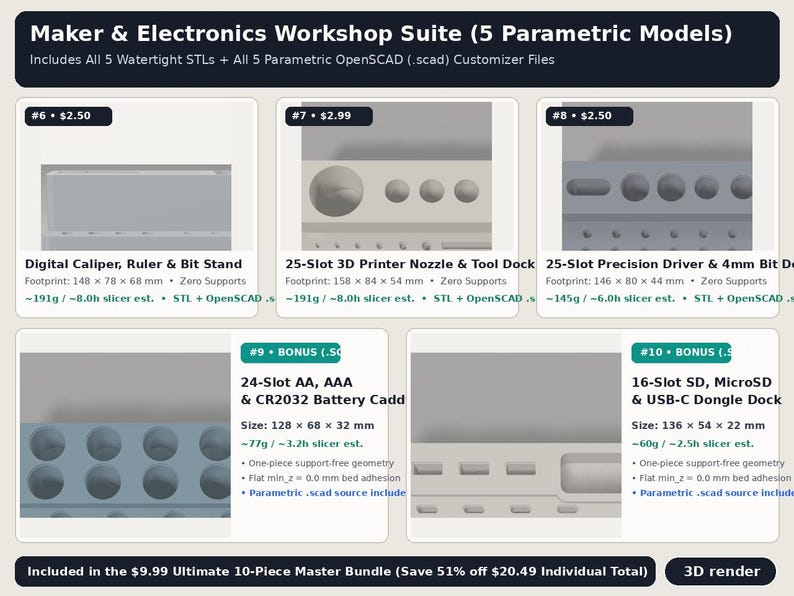3D Print Desk Organizer & Electronics Workbench STL Bundle: 25 No-Support 3D Printer Files and 20 Parametric OpenSCAD Customizers image 3