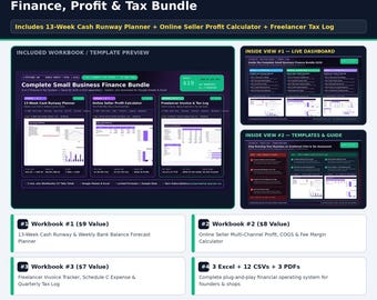 Complete Small Business Finance Bundle: 3-in-1 Cash Runway, Seller Profit Calculator & Tax Bookkeeping Pack (Google Sheets and Excel)