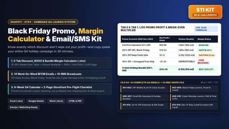 E-Commerce Black Friday & Cyber Monday Promo Margin Calculator: 14 Holiday Emails, 10 SMS and Launch Checklist (Excel, Sheets and Word) image 2