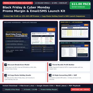 E-Commerce Black Friday & Cyber Monday Promo Margin Calculator: 14 Holiday Emails, 10 SMS and Launch Checklist (Excel, Sheets and Word) image 1