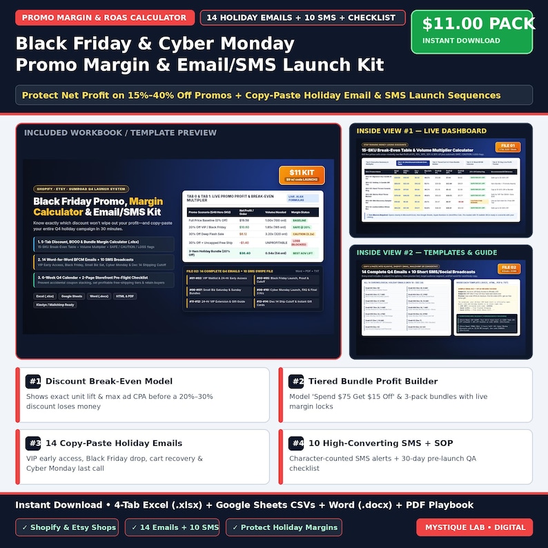 E-Commerce Black Friday & Cyber Monday Promo Margin Calculator: 14 Holiday Emails, 10 SMS and Launch Checklist (Excel, Sheets and Word) image 1